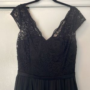 Belsoie black cap sleeve gown with lace detail